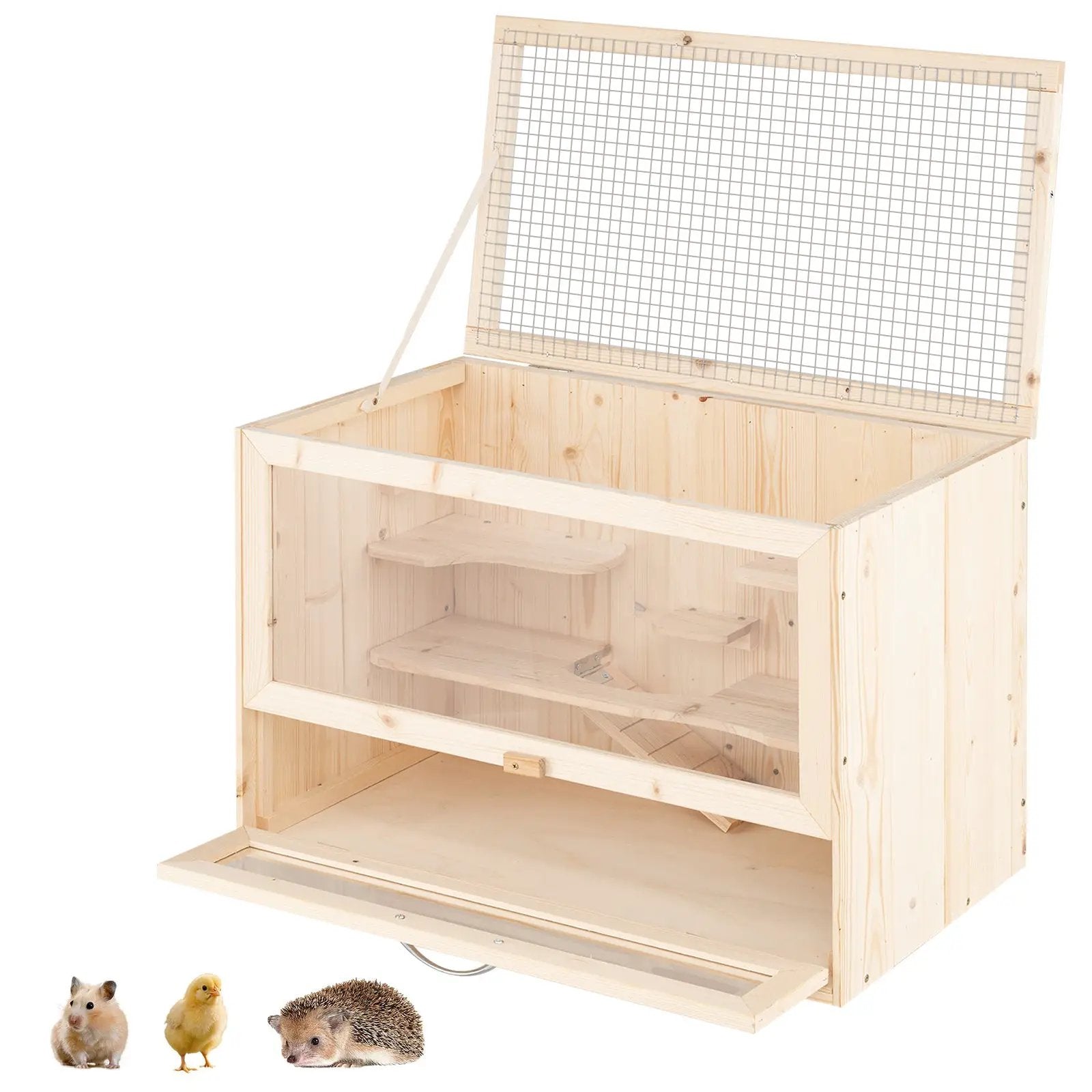 Wooden Hamster Cage with Mesh Flip Roof-Natural by DirectDeals