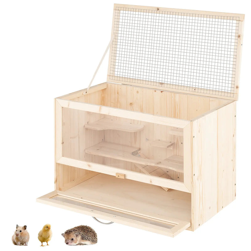 Wooden Hamster Cage with Mesh Flip Roof-Natural by DirectDeals
