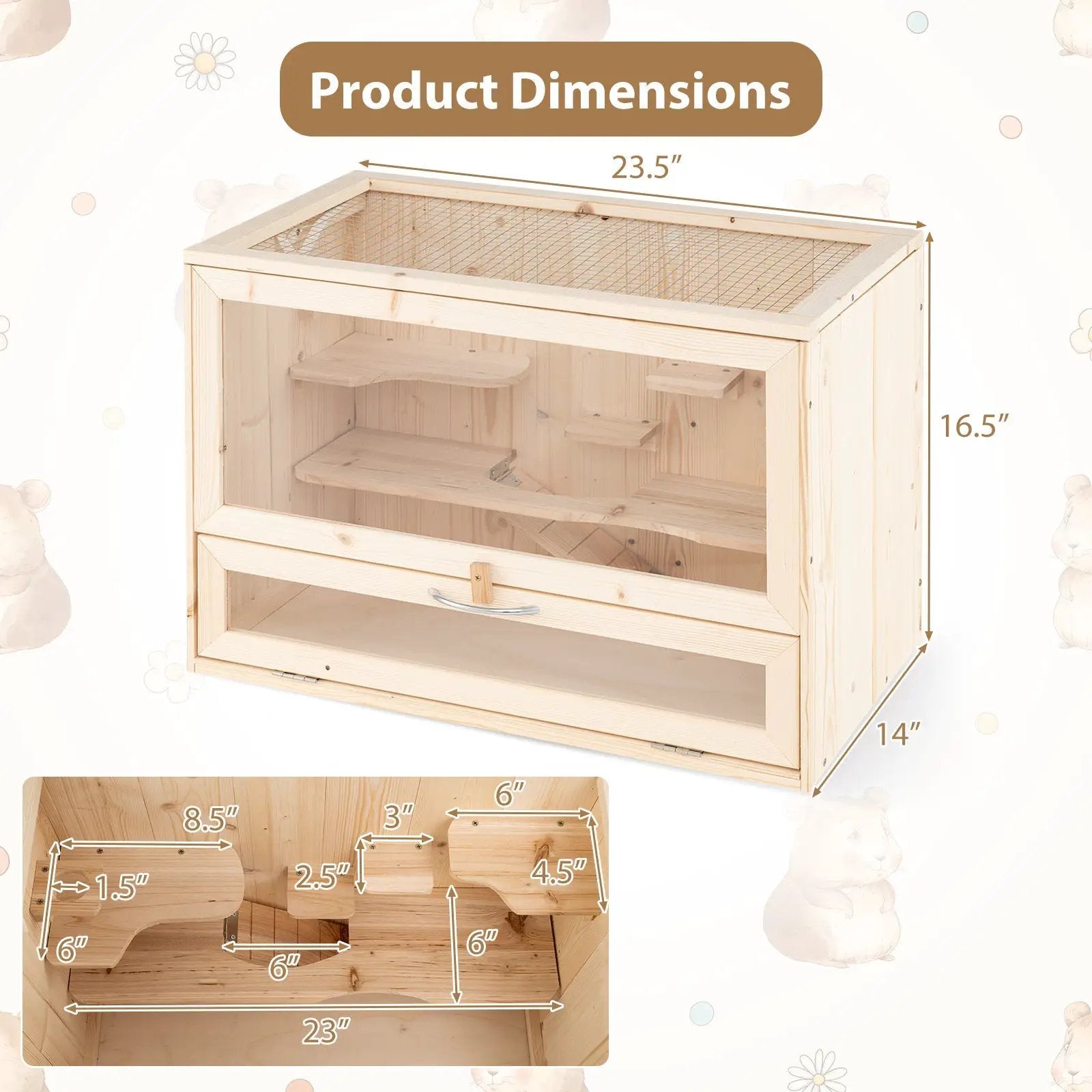 Wooden Hamster Cage with Mesh Flip Roof-Natural by DirectDeals