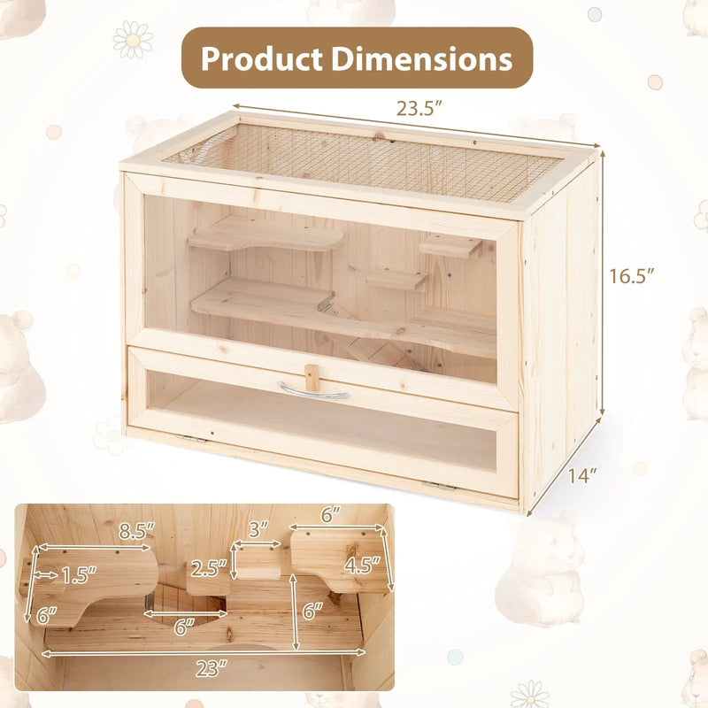 Wooden Hamster Cage with Mesh Flip Roof-Natural by DirectDeals