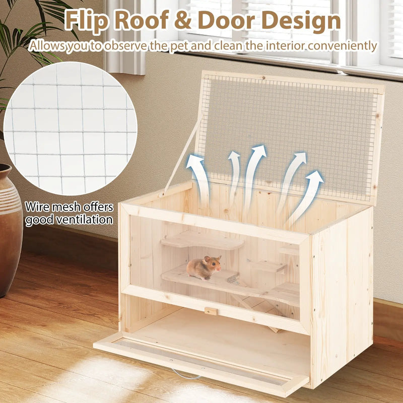 Wooden Hamster Cage with Mesh Flip Roof-Natural by DirectDeals