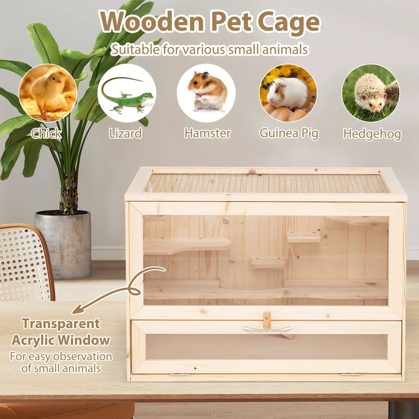 Wooden Hamster Cage with Mesh Flip Roof-Natural by DirectDeals