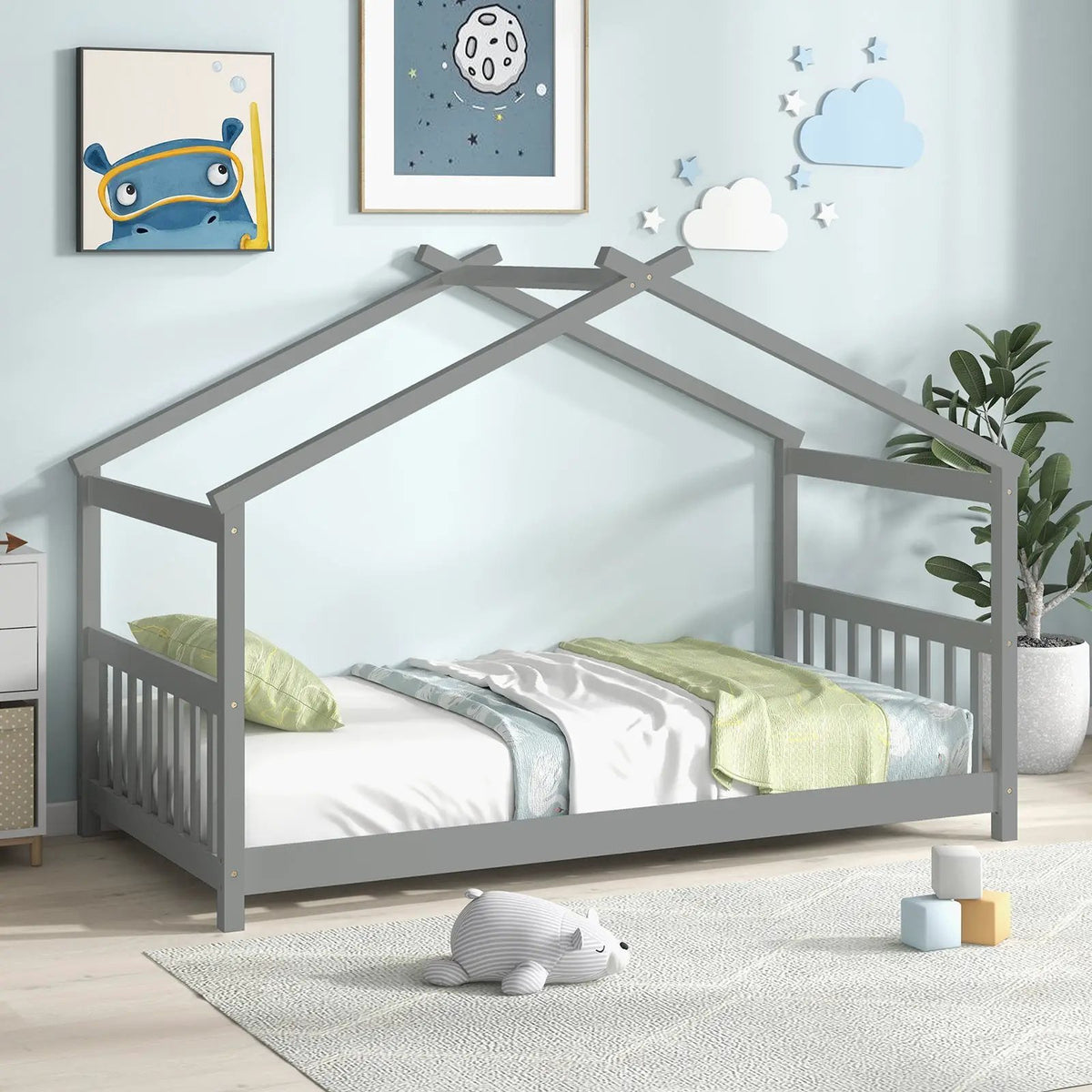 Twin Size Wooden House Bed with Roof by DirectDeals