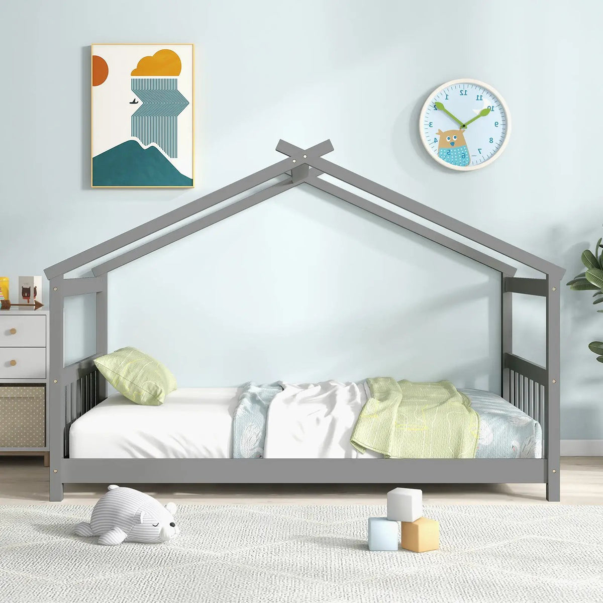 Twin Size Wooden House Bed with Roof by DirectDeals