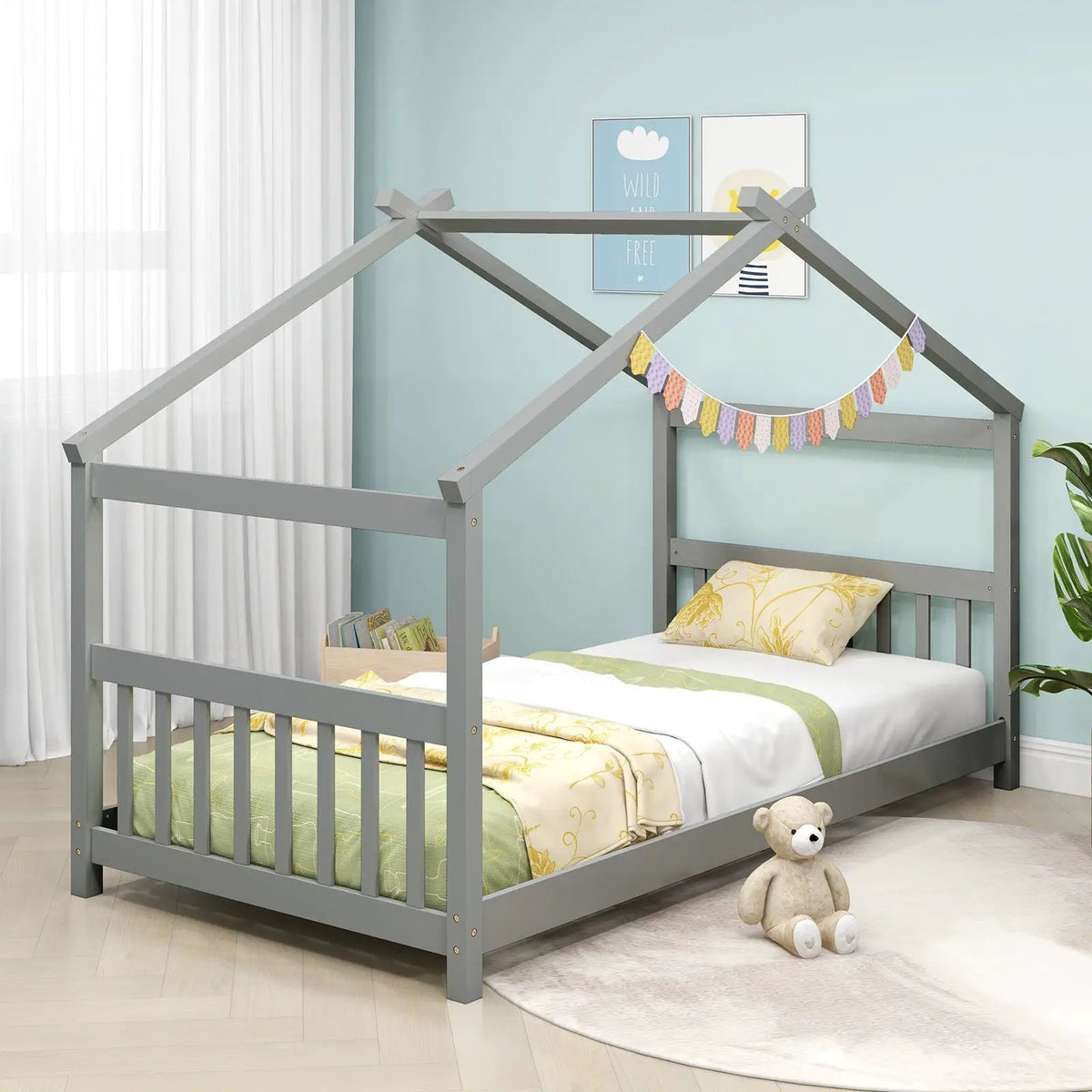 Twin Size Wooden House Bed with Roof by DirectDeals