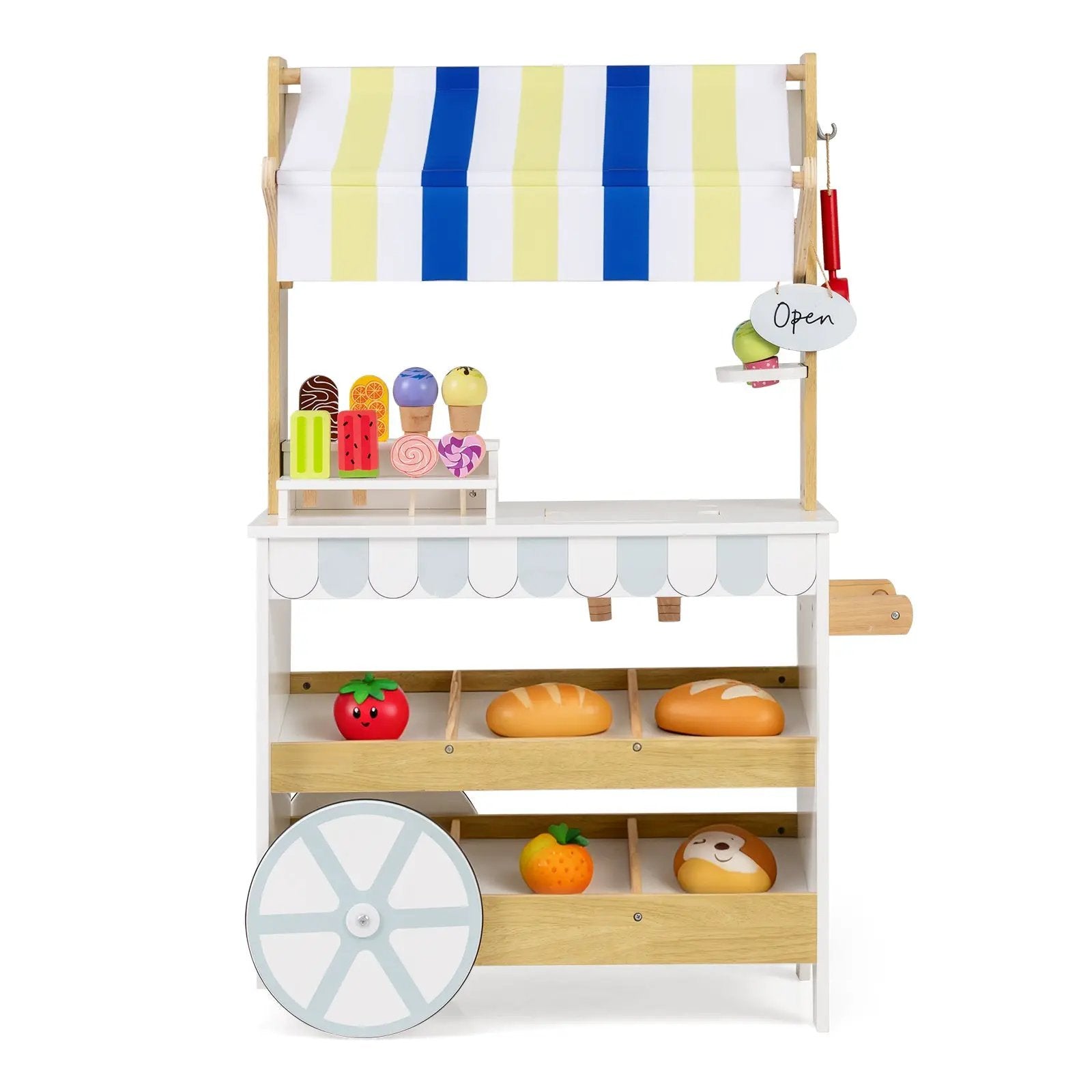 Wooden Ice Cream Cart for Kids 2-in-1 Grocery Store Playset with Display Shelves-White by DirectDeals