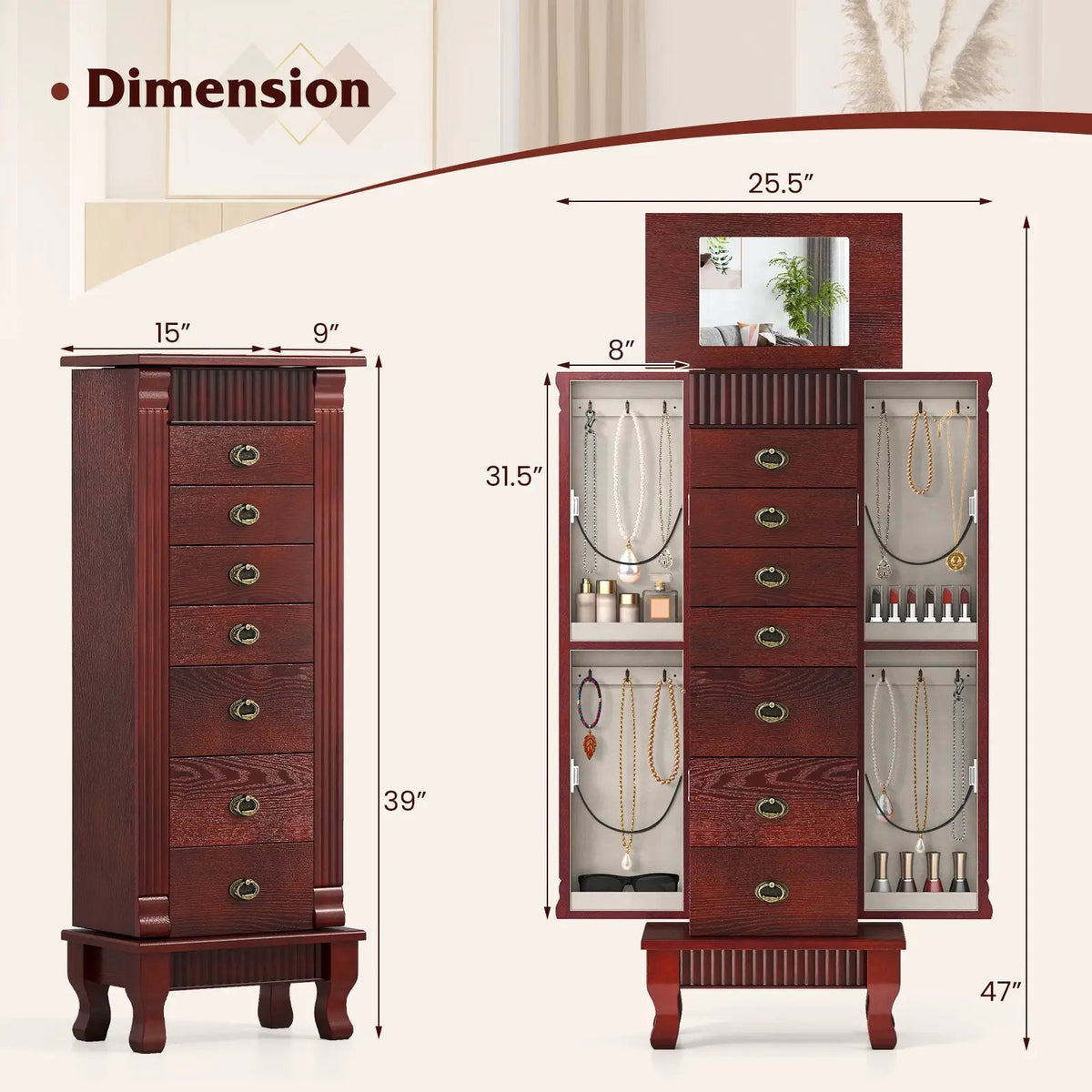 Wooden Jewelry Armoire Cabinet Storage Chest with Drawers and Swing Doors by DirectDeals