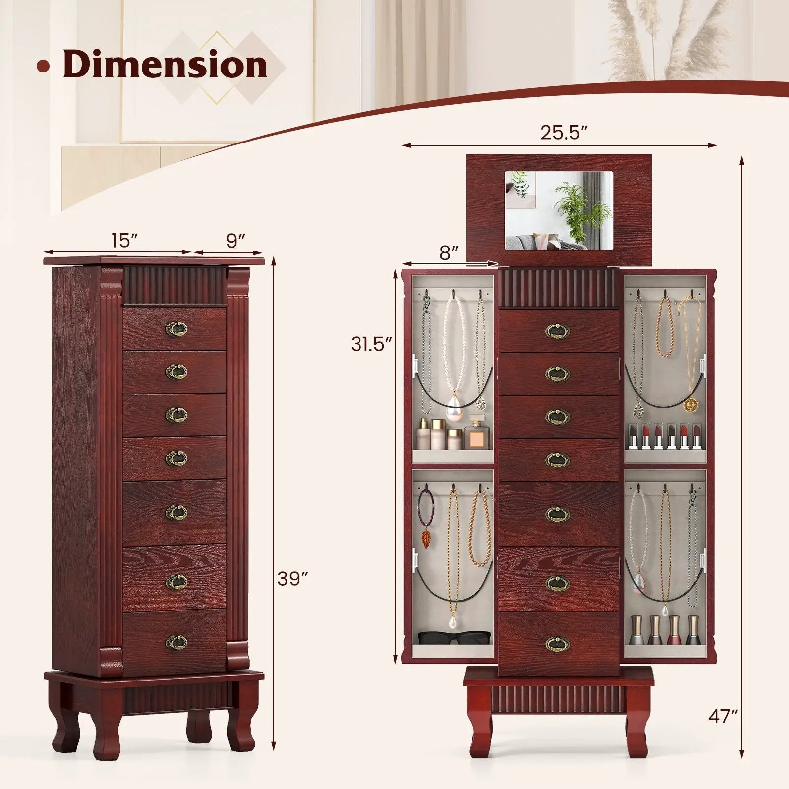 Wooden Jewelry Armoire Cabinet Storage Chest with Drawers and Swing Doors by DirectDeals