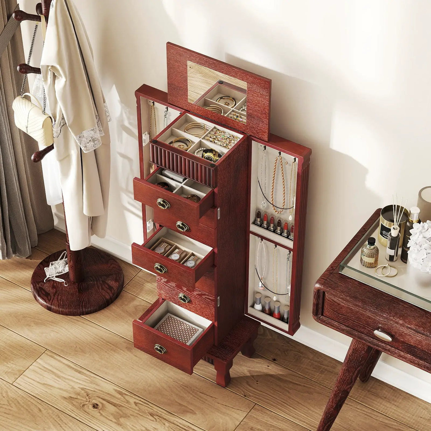 Wooden Jewelry Armoire Cabinet Storage Chest with Drawers and Swing Doors by DirectDeals