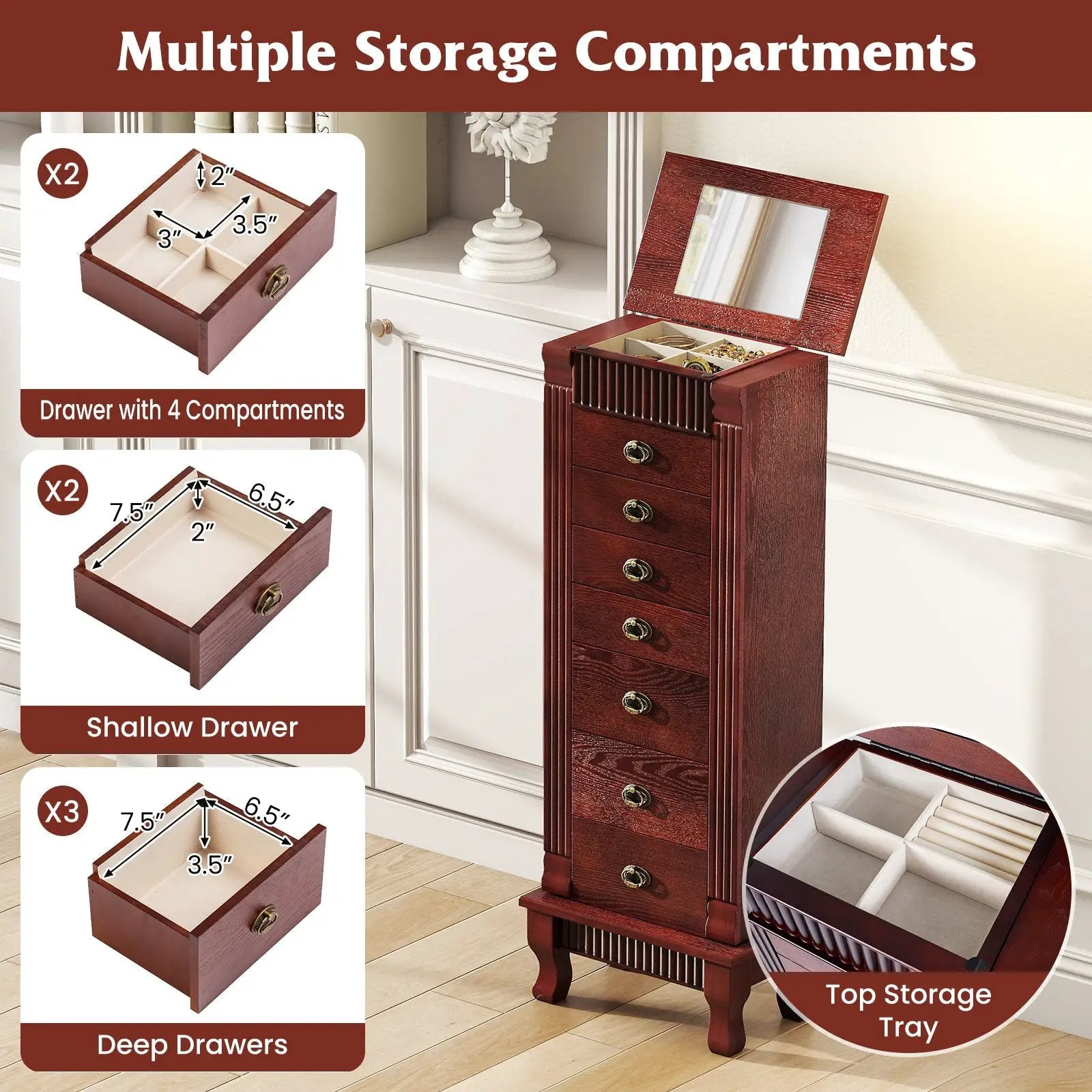 Wooden Jewelry Armoire Cabinet Storage Chest with Drawers and Swing Doors by DirectDeals