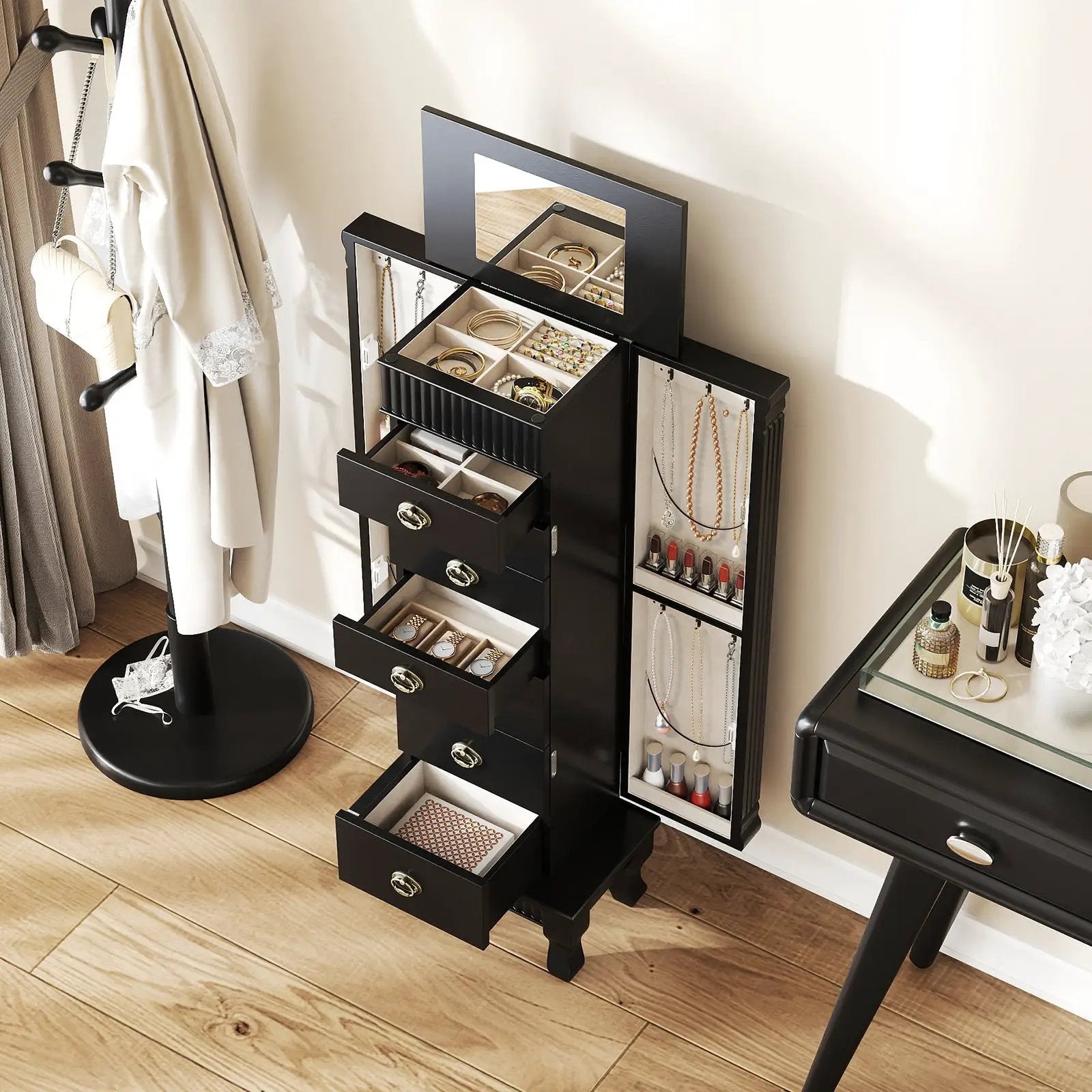 Wooden Jewelry Armoire Cabinet Storage Chest with Drawers and Swing Doors by DirectDeals