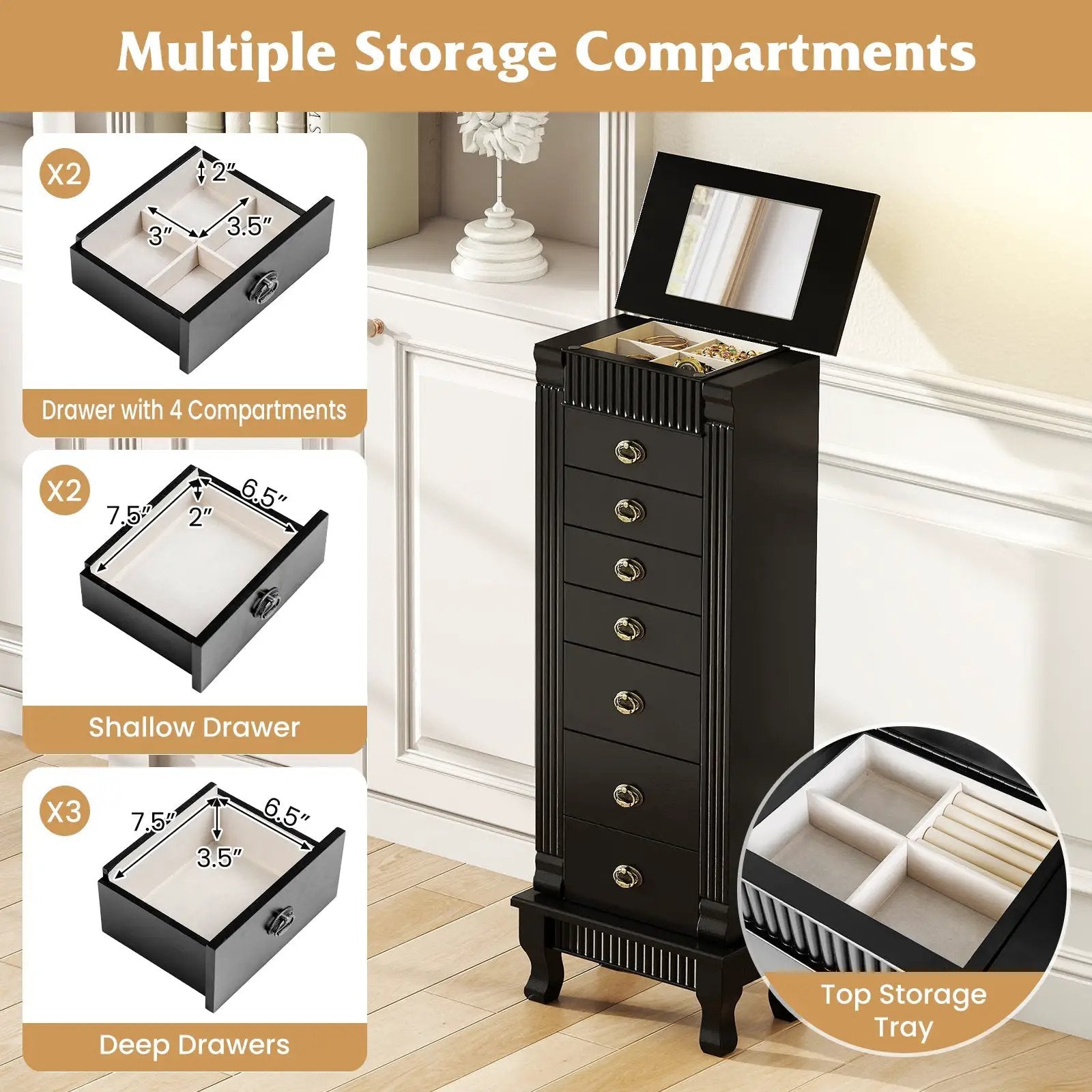 Wooden Jewelry Armoire Cabinet Storage Chest with Drawers and Swing Doors by DirectDeals