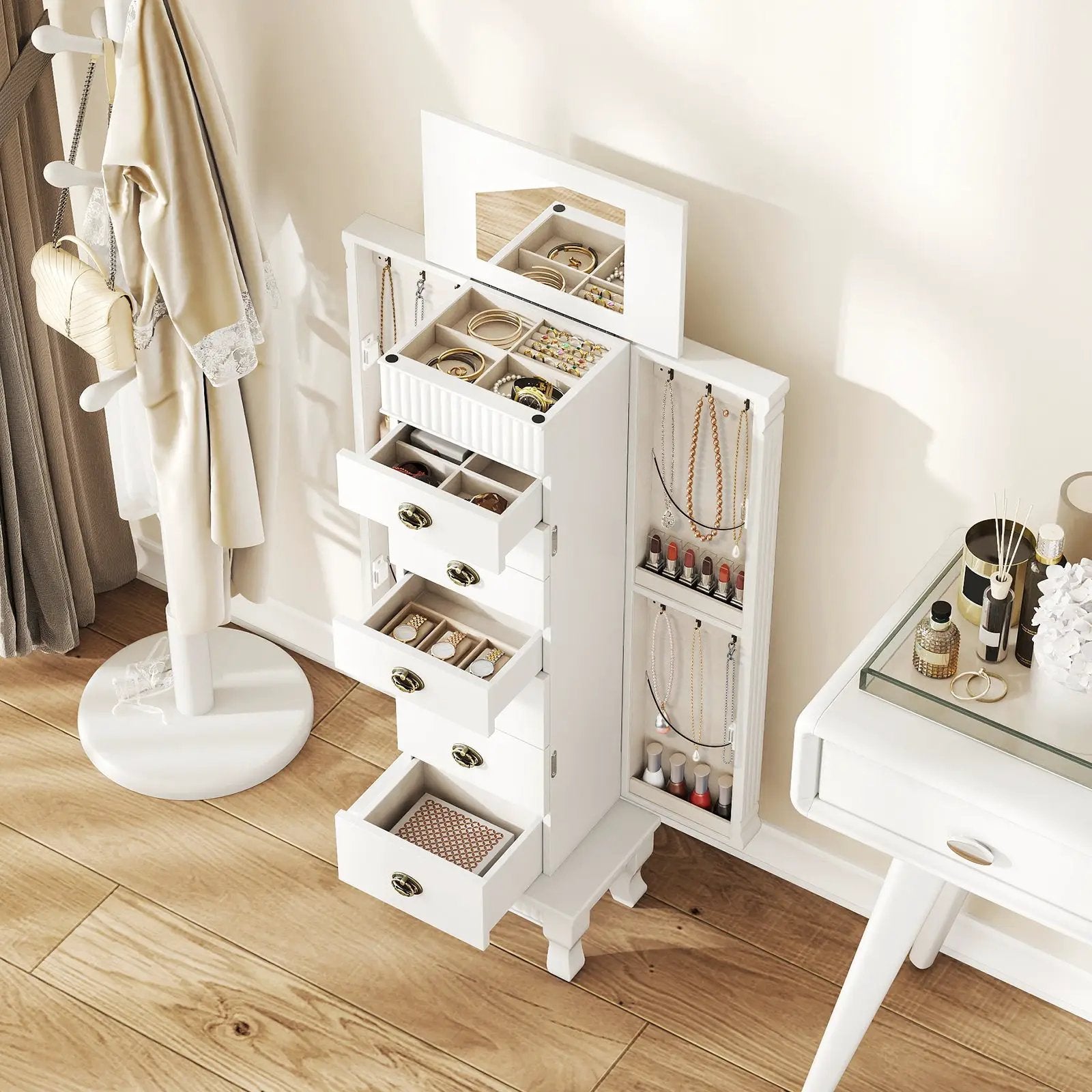 Wooden Jewelry Armoire Cabinet Storage Chest with Drawers and Swing Doors by DirectDeals