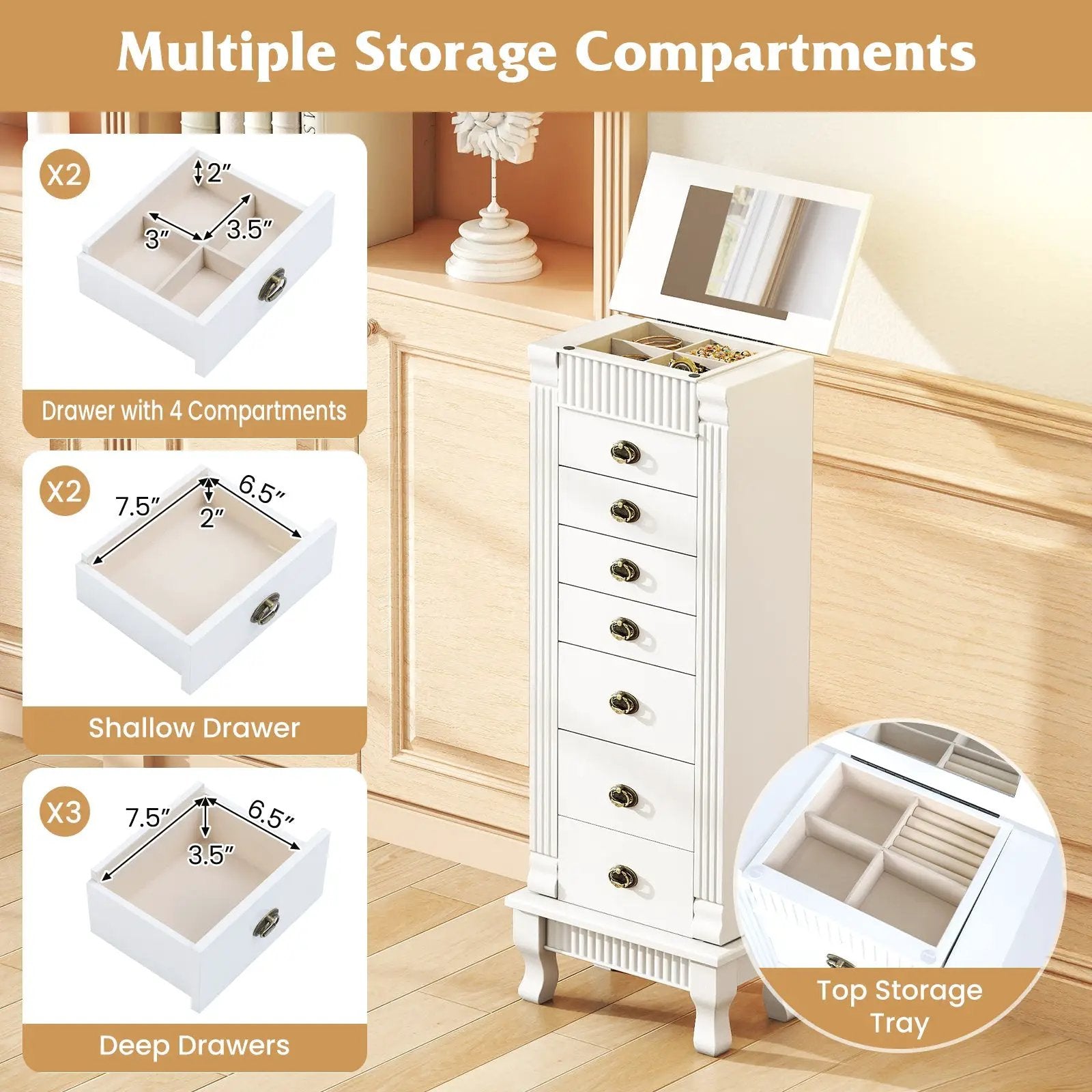 Wooden Jewelry Armoire Cabinet Storage Chest with Drawers and Swing Doors by DirectDeals