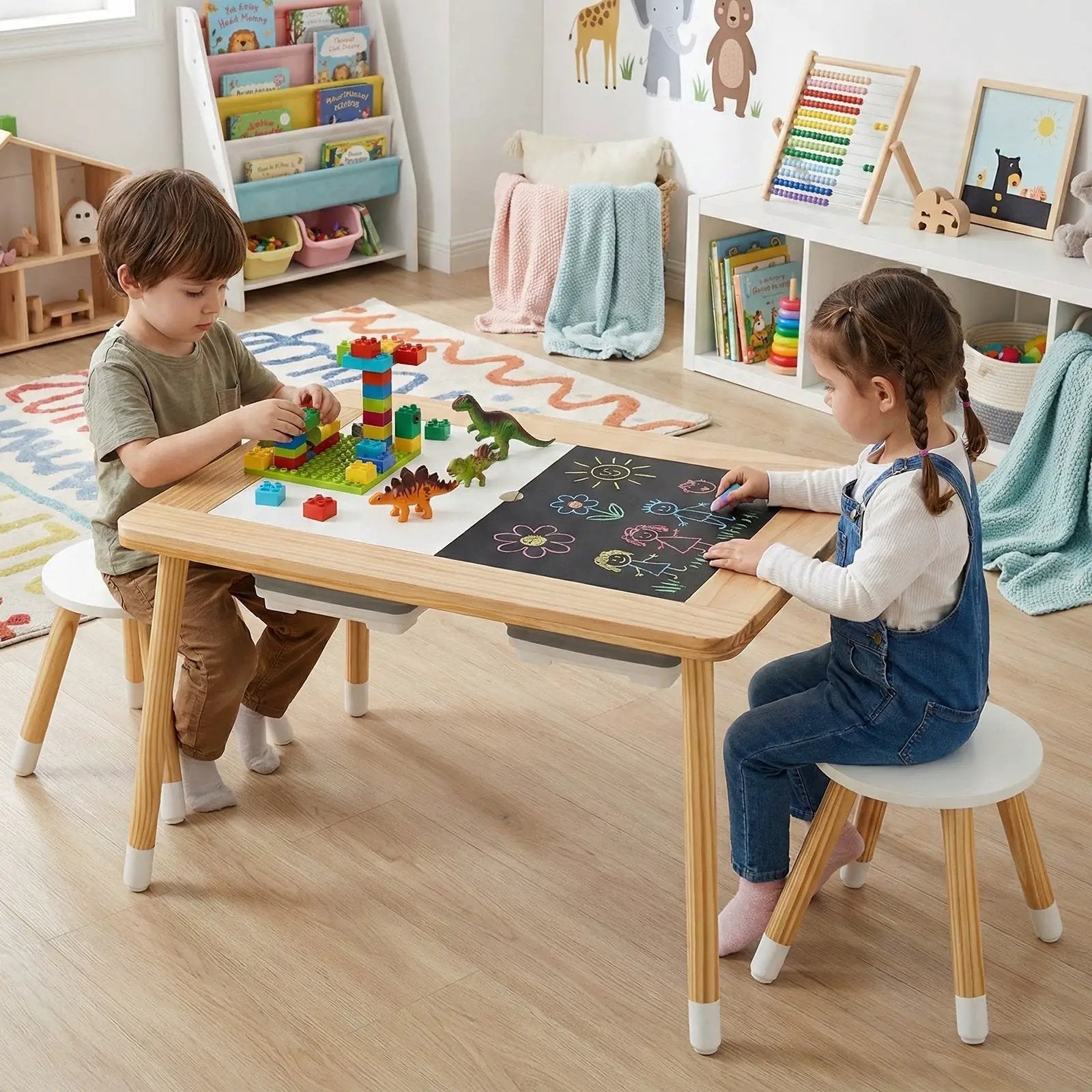 Wooden Kids Activity Table Set with Double-Sided Boards-Natural by DirectDeals