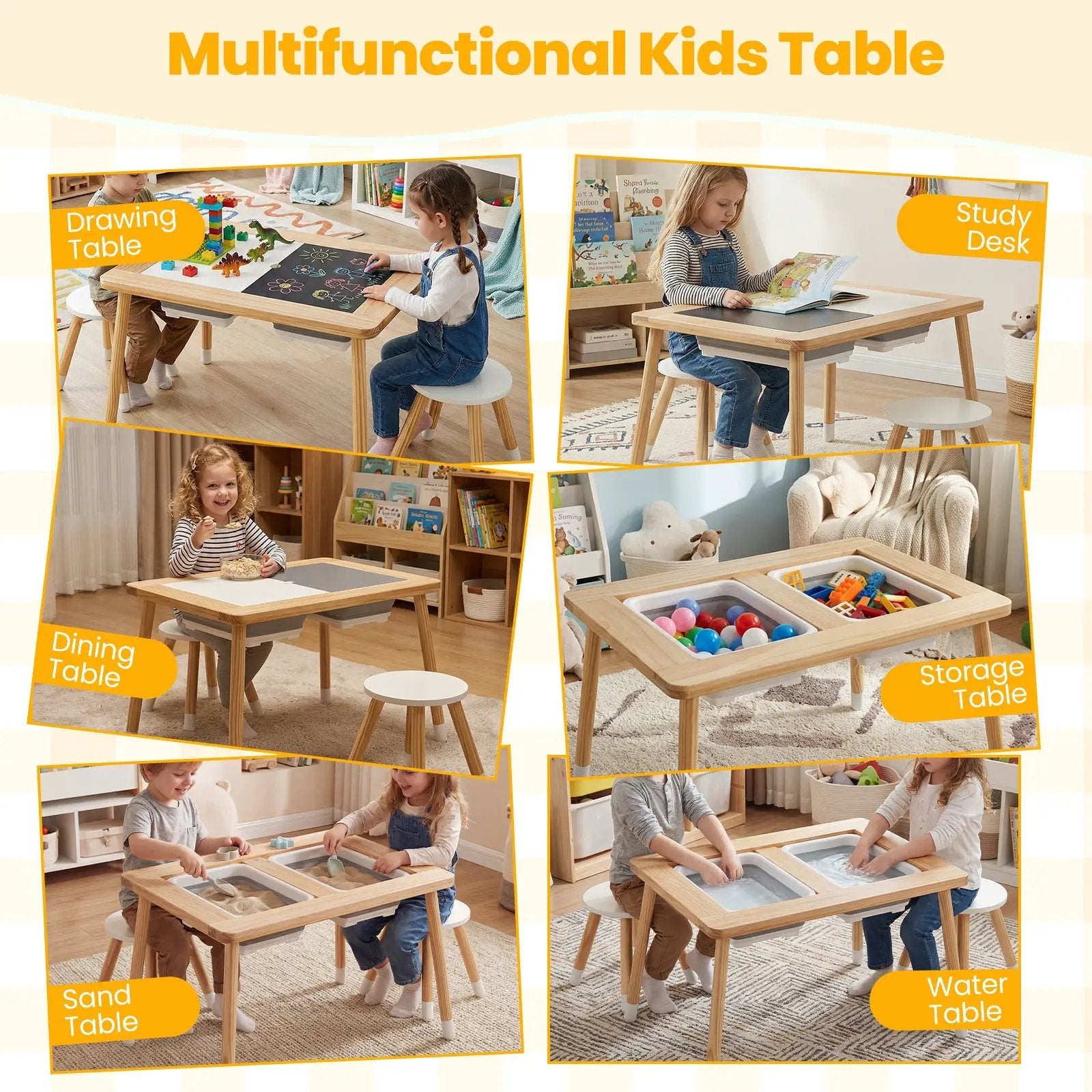 Wooden Kids Activity Table Set with Double-Sided Boards-Natural by DirectDeals
