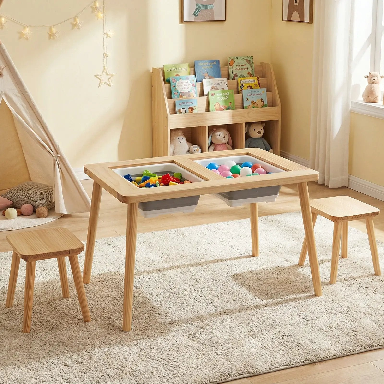Wooden Kids Activity Table Set with 2 Foldable Storage Bins-Natural by DirectDeals