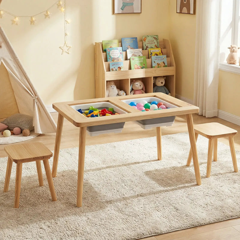 Wooden Kids Activity Table Set with 2 Foldable Storage Bins-Natural by DirectDeals