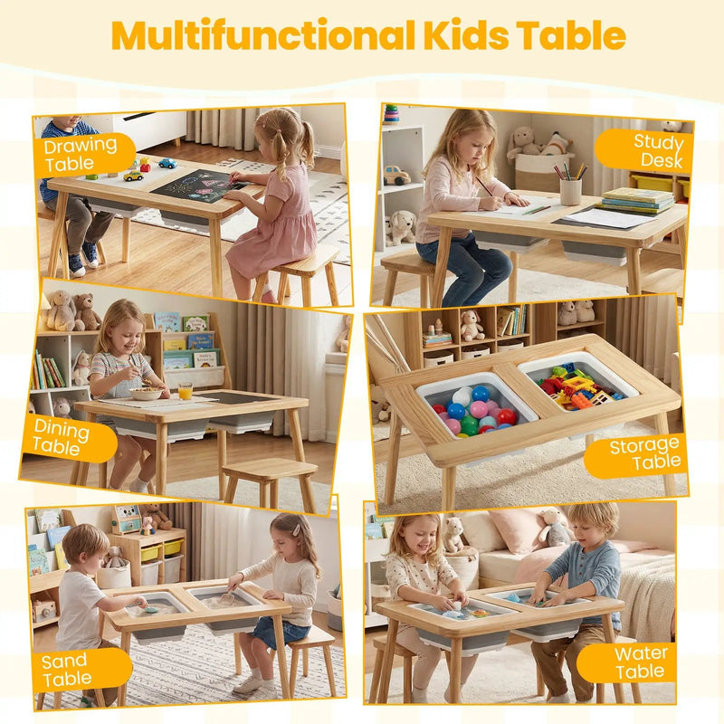 Wooden Kids Activity Table Set with 2 Foldable Storage Bins-Natural by DirectDeals