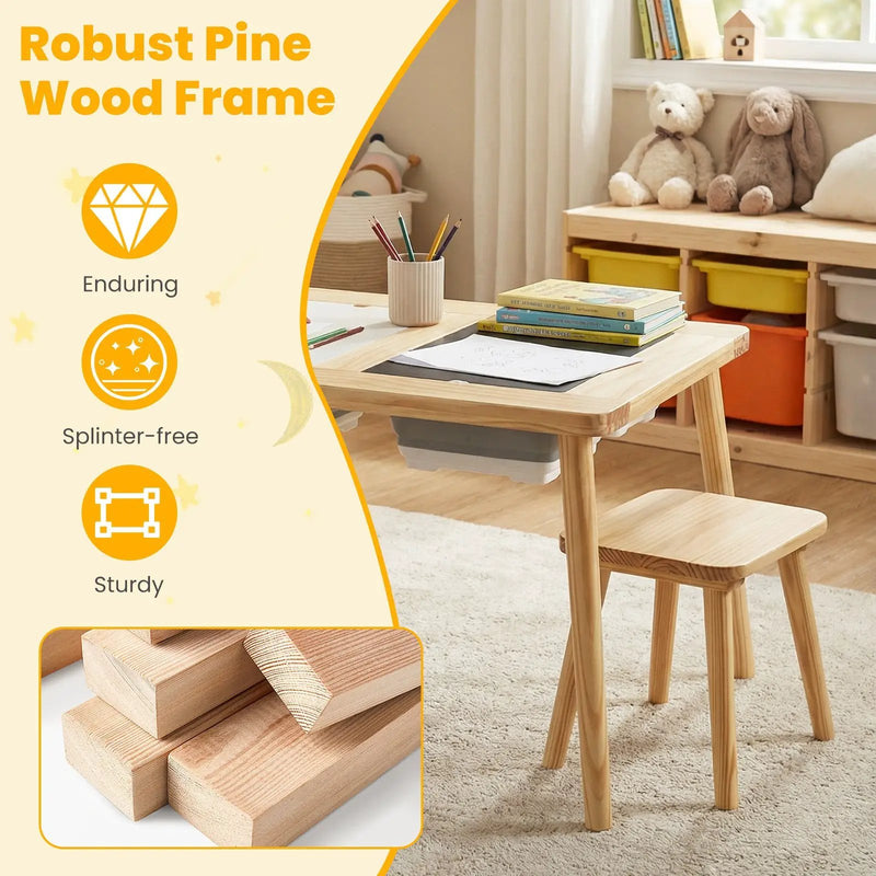Wooden Kids Activity Table Set with 2 Foldable Storage Bins-Natural by DirectDeals