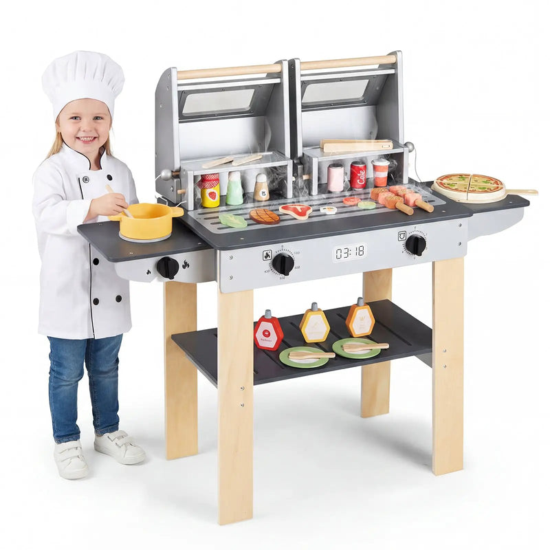 Wooden Kids Barbecue Grill Playset Kids Toy Grill with Abundant Grilling Tools and Play Foods by DirectDeals