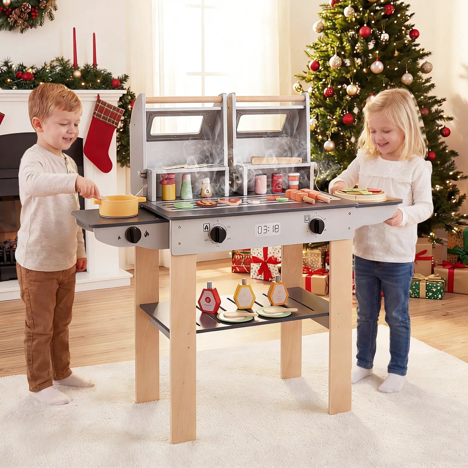 Wooden Kids Barbecue Grill Playset Kids Toy Grill with Abundant Grilling Tools and Play Foods by DirectDeals