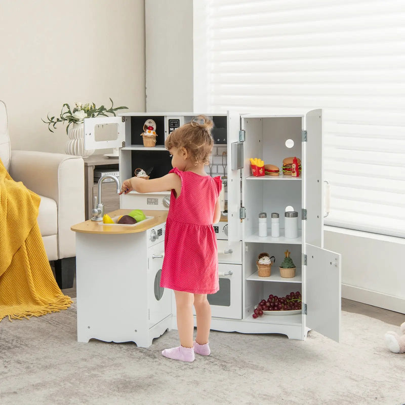 Wooden Kid's Corner Kitchen Playset with Stove for Toddlers-Natural & White by DirectDeals