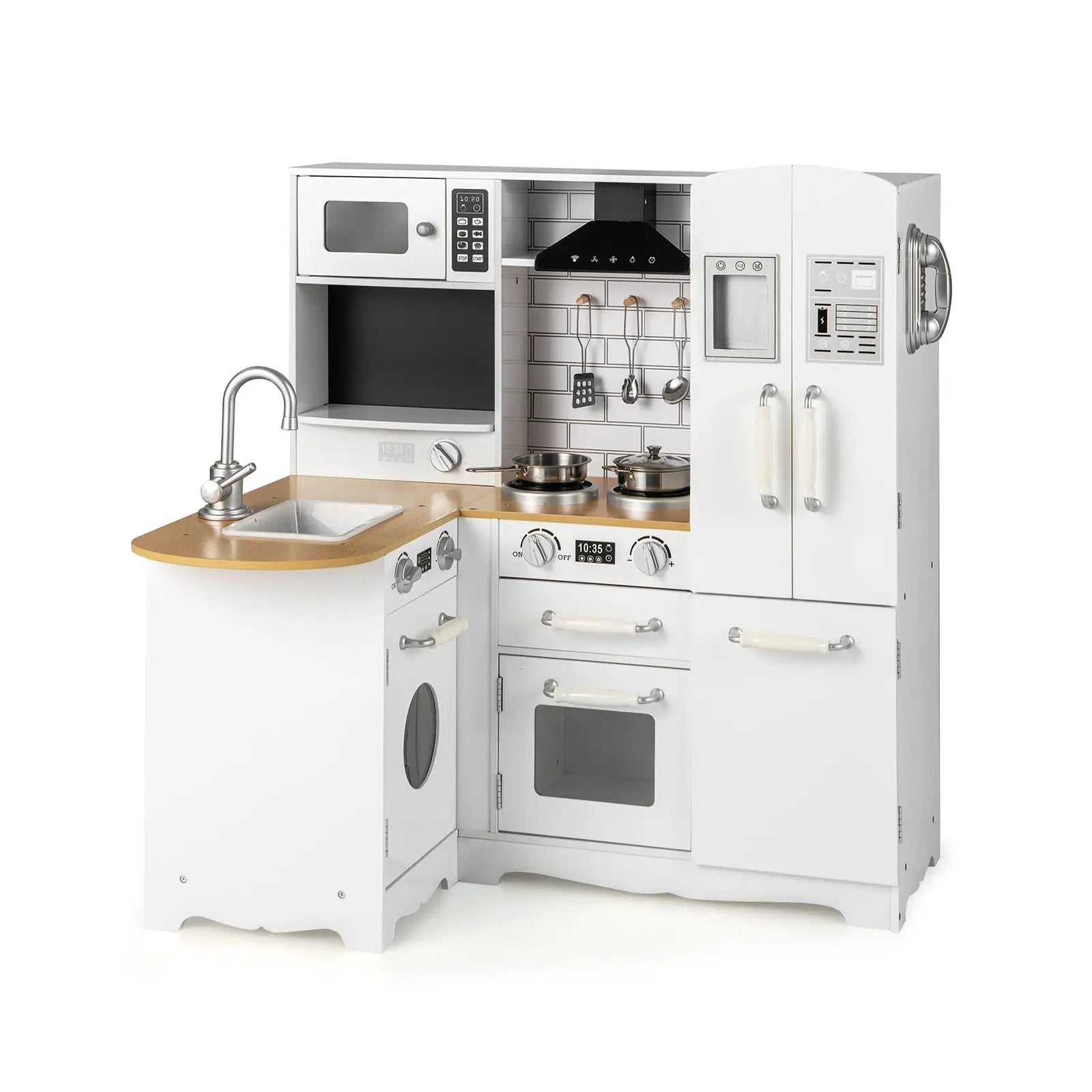 Wooden Kid's Corner Kitchen Playset with Stove for Toddlers-Natural & White by DirectDeals