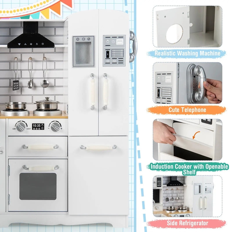 Wooden Kid's Corner Kitchen Playset with Stove for Toddlers-Natural & White by DirectDeals
