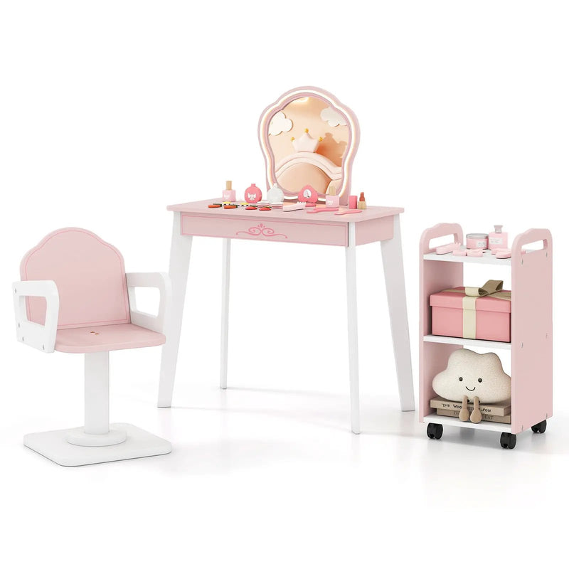 Wooden Kids Hair Salon Play Set with LED Lighted Mirror-Pink by DirectDeals