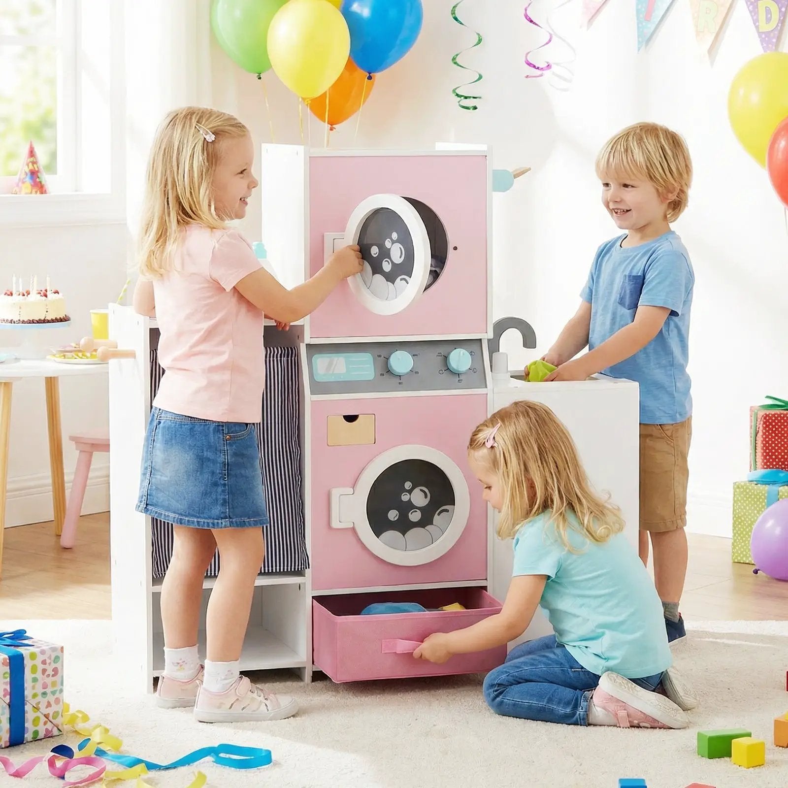 Wooden Kids Laundry Playset with Laundry Detergent Bottle and Clothes Hangers-Pink by DirectDeals