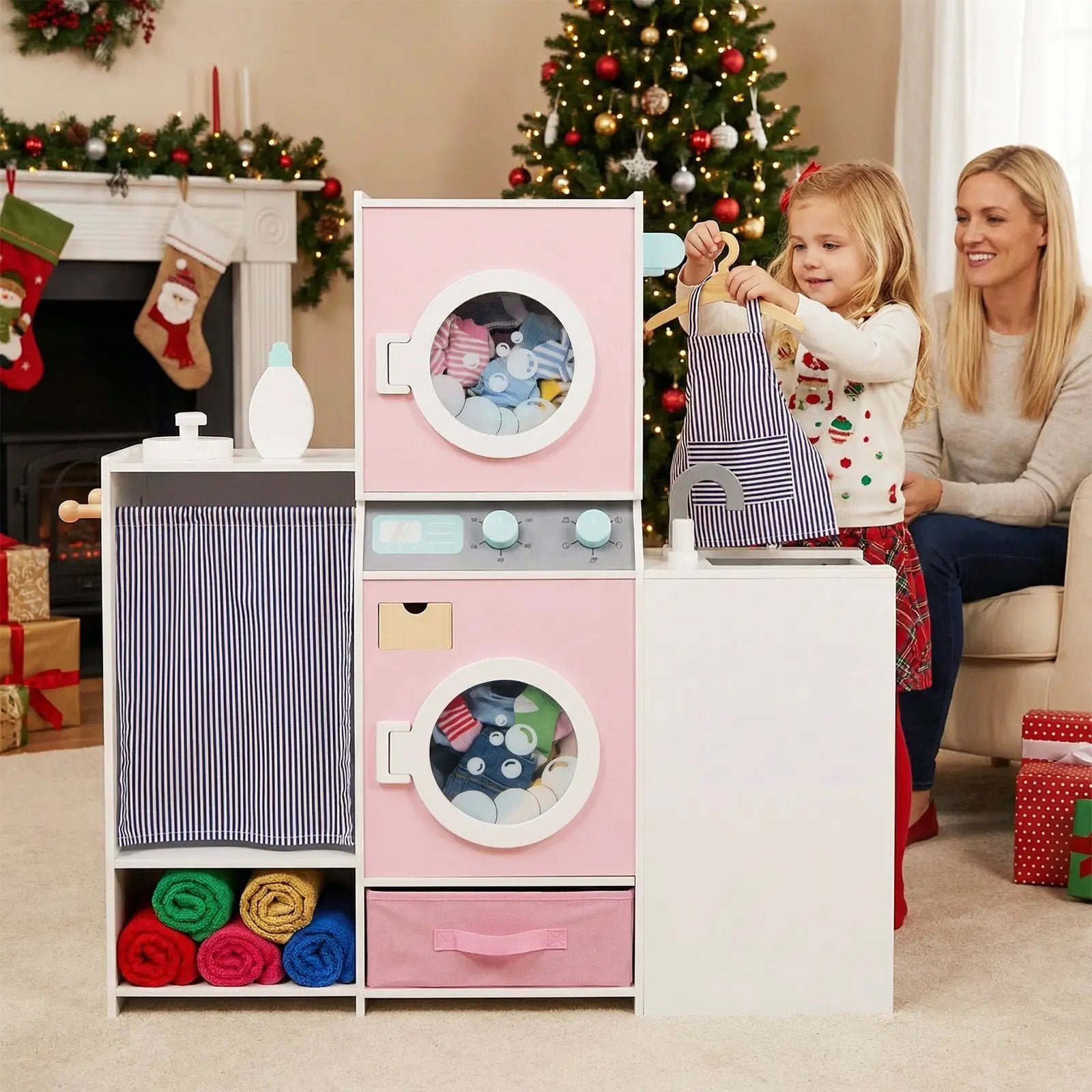 Wooden Kids Laundry Playset with Laundry Detergent Bottle and Clothes Hangers-Pink by DirectDeals