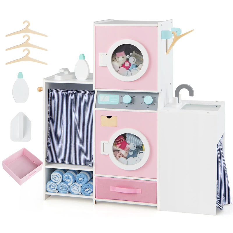 Wooden Kids Laundry Playset with Laundry Detergent Bottle and Clothes Hangers-Pink by DirectDeals