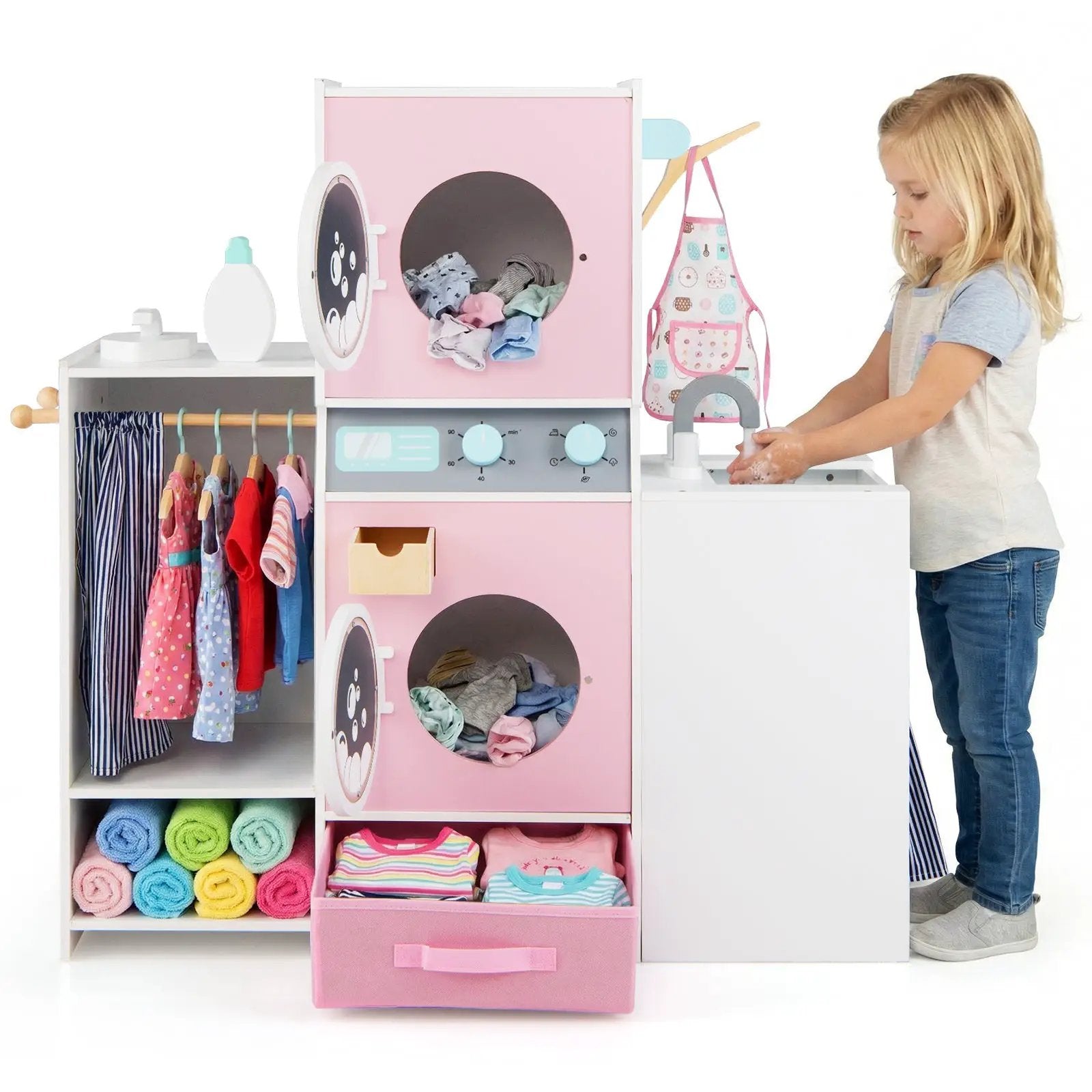 Wooden Kids Laundry Playset with Laundry Detergent Bottle and Clothes Hangers-Pink by DirectDeals