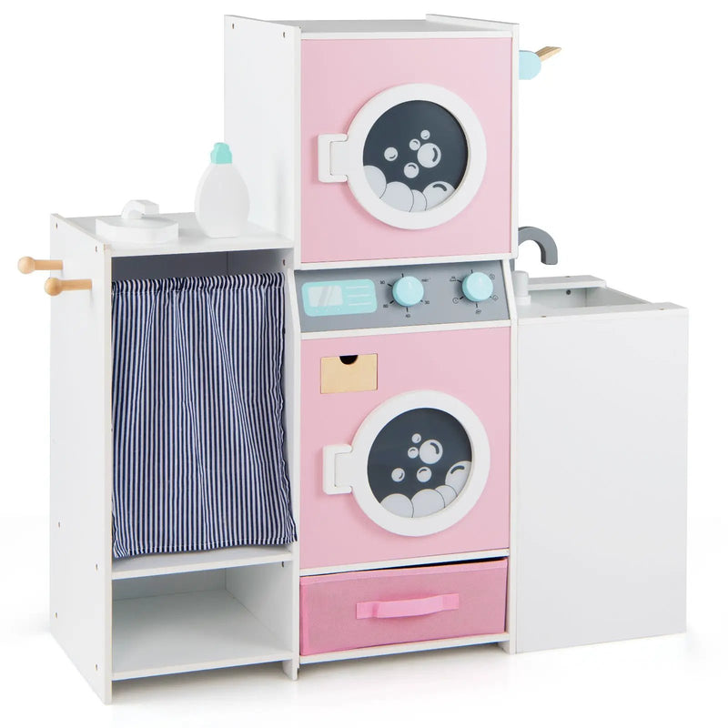 Wooden Kids Laundry Playset with Laundry Detergent Bottle and Clothes Hangers-Pink by DirectDeals