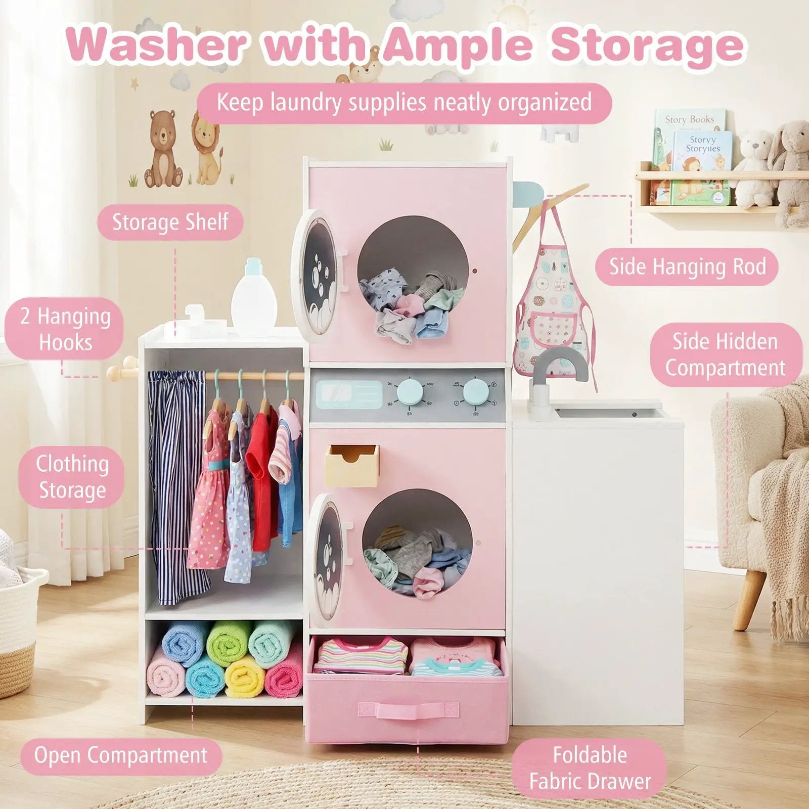 Wooden Kids Laundry Playset with Laundry Detergent Bottle and Clothes Hangers-Pink by DirectDeals