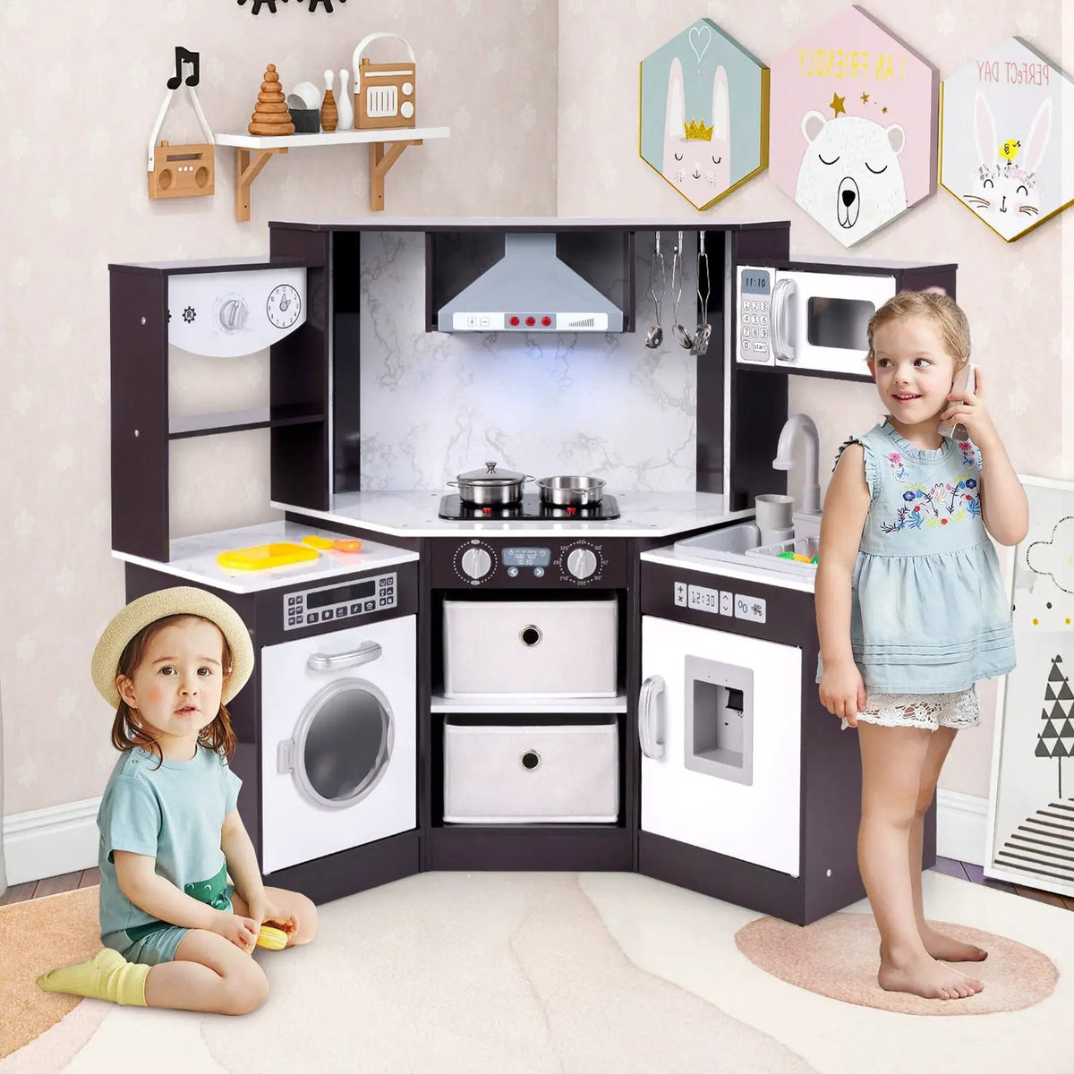 Wooden Kids Play Kitchen Playset with Realistic Lights and Sounds by DirectDeals