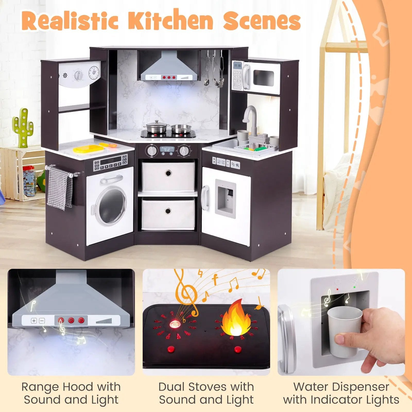 Wooden Kids Play Kitchen Playset with Realistic Lights and Sounds by DirectDeals