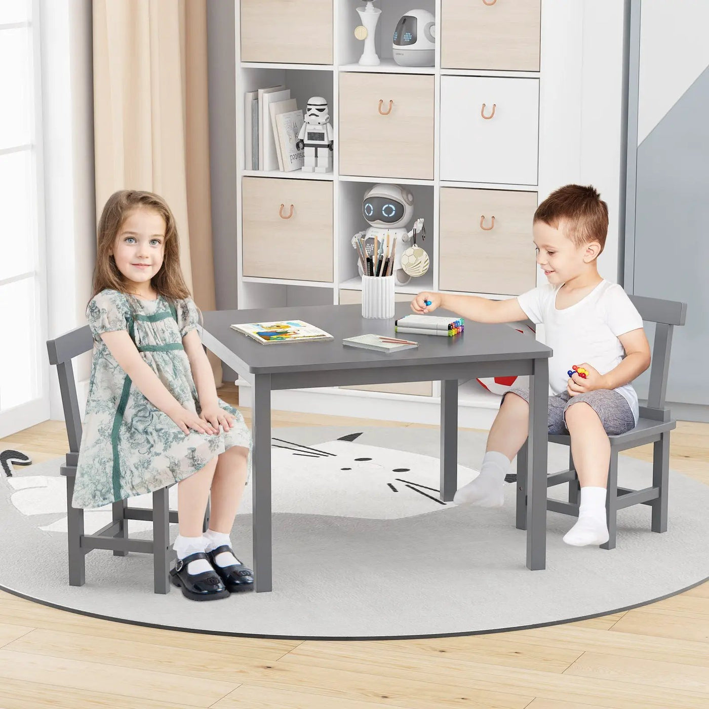 Wooden Kids Table and 2 Chairs Set with Anti-slip Foot Pads by DirectDeals