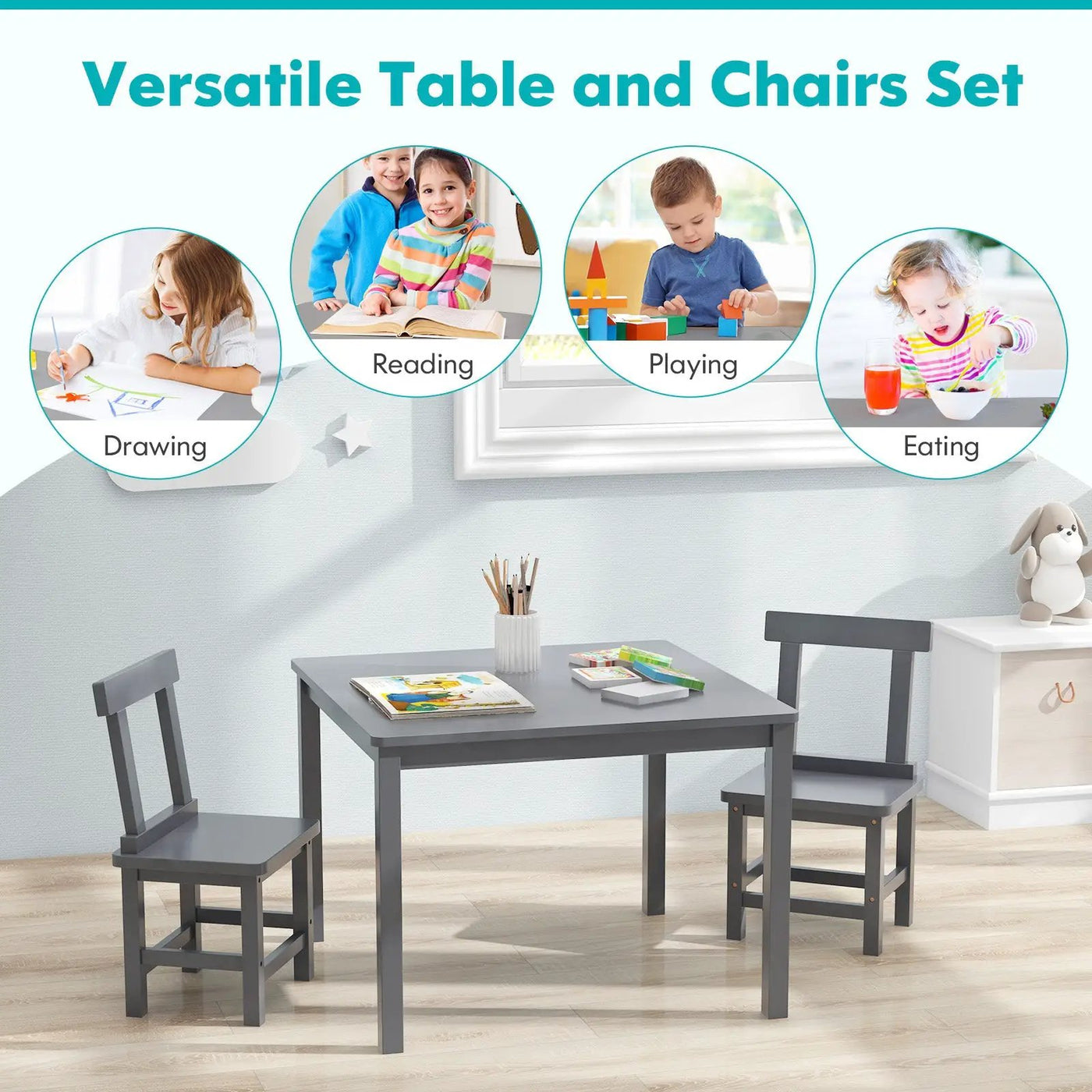 Wooden Kids Table and 2 Chairs Set with Anti-slip Foot Pads by DirectDeals