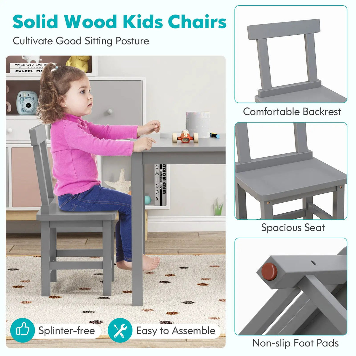 Wooden Kids Table and 2 Chairs Set with Anti-slip Foot Pads by DirectDeals