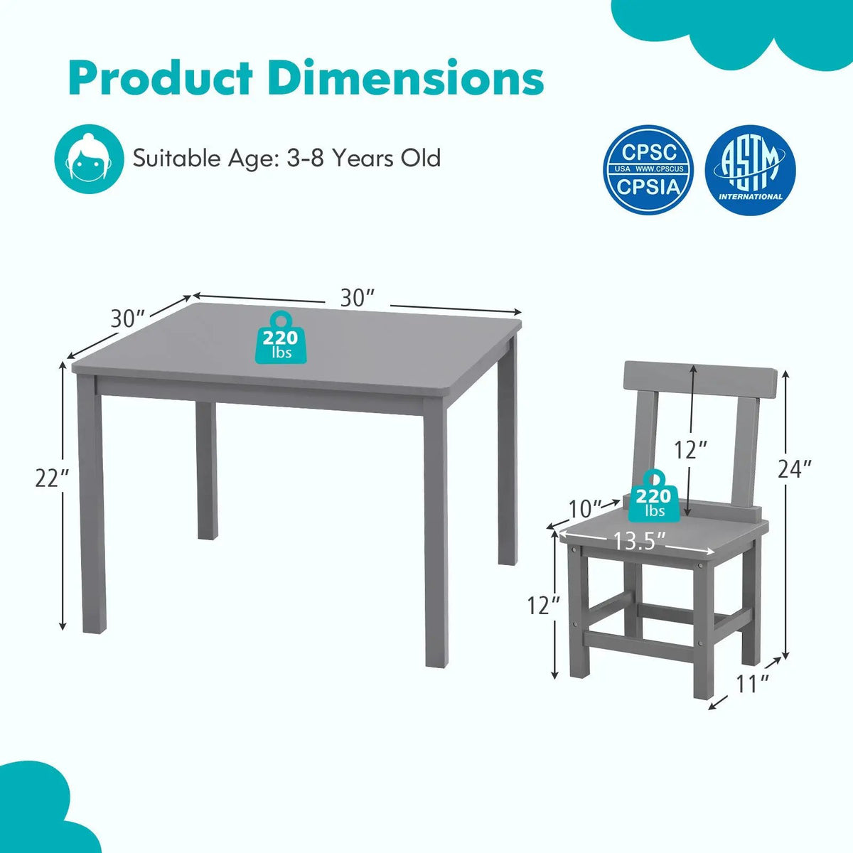 Wooden Kids Table and 2 Chairs Set with Anti-slip Foot Pads by DirectDeals
