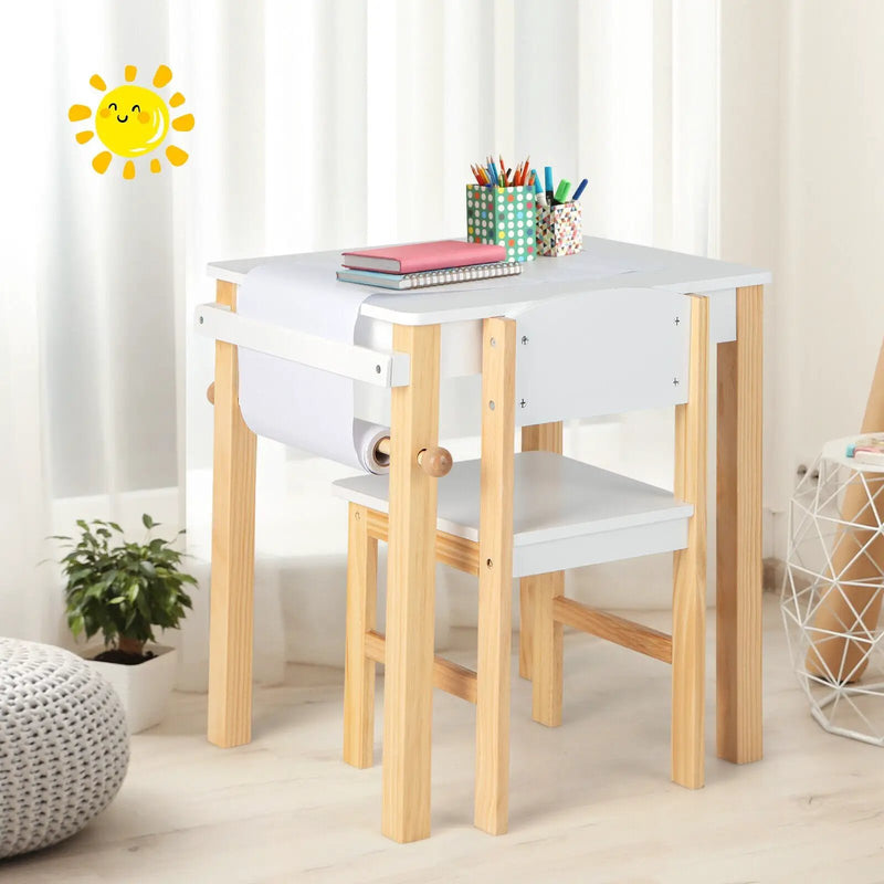 Kids Art Table and Chair Set with Drawer Paper Roll and 2 Markers-White by DirectDeals