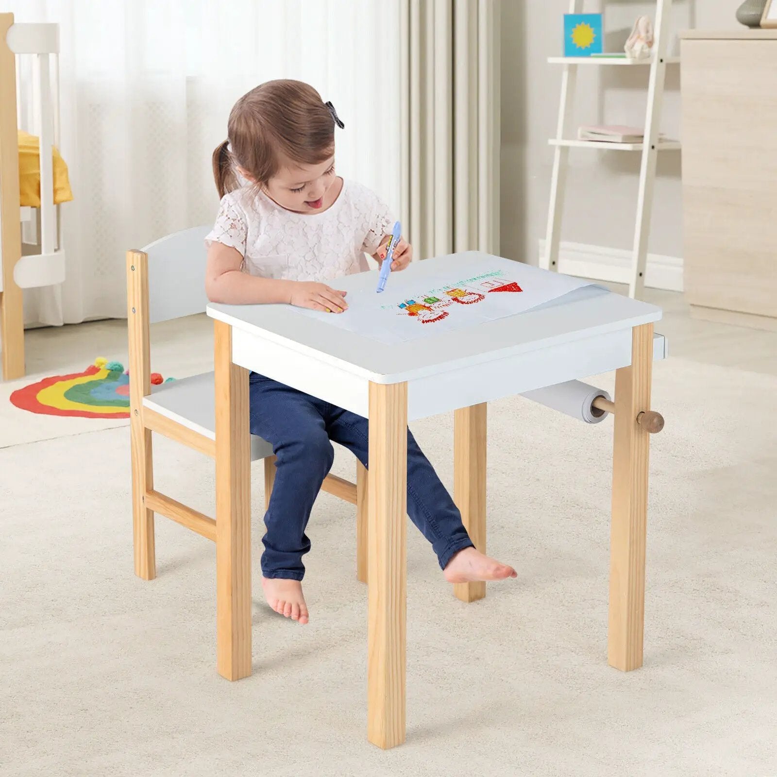 Kids Art Table and Chair Set with Drawer Paper Roll and 2 Markers-White by DirectDeals