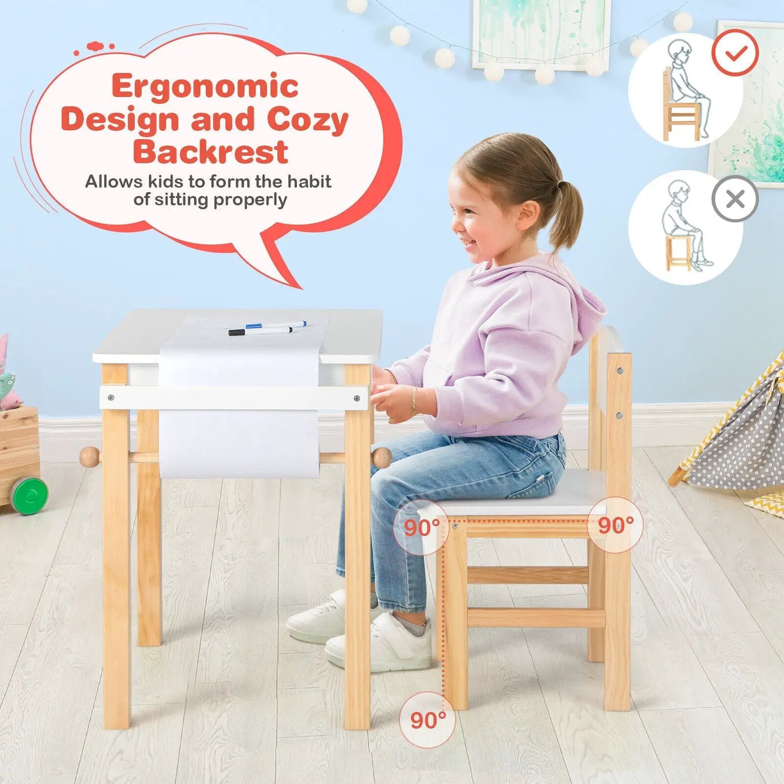 Kids Art Table and Chair Set with Drawer Paper Roll and 2 Markers-White by DirectDeals