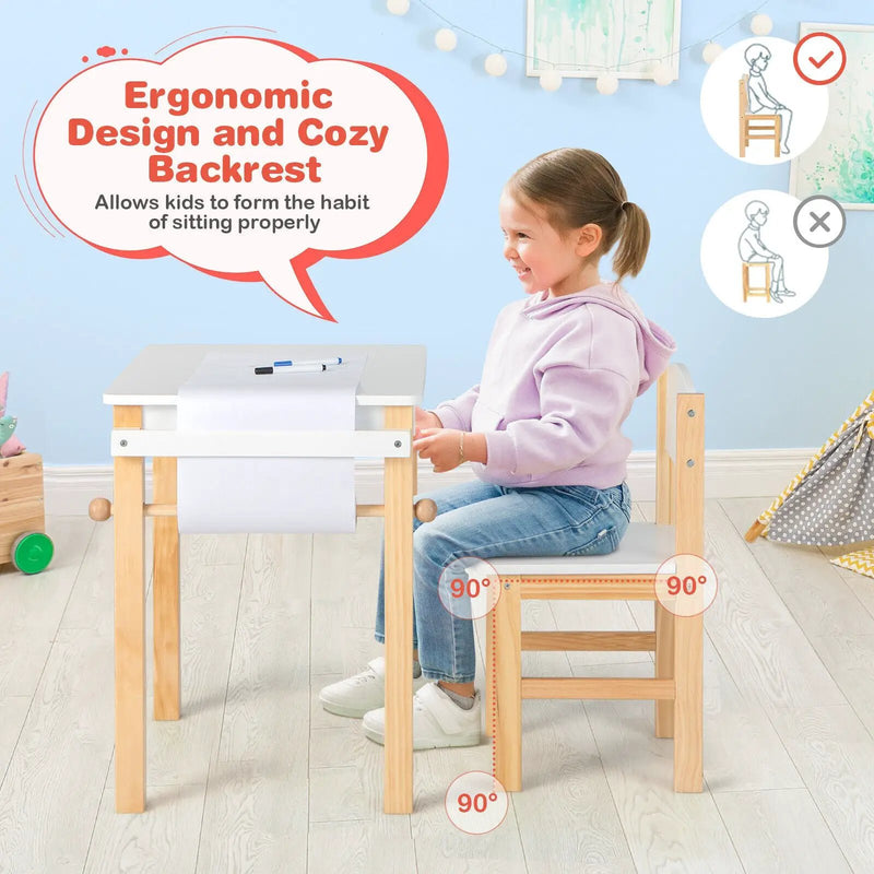 Kids Art Table and Chair Set with Drawer Paper Roll and 2 Markers-White by DirectDeals