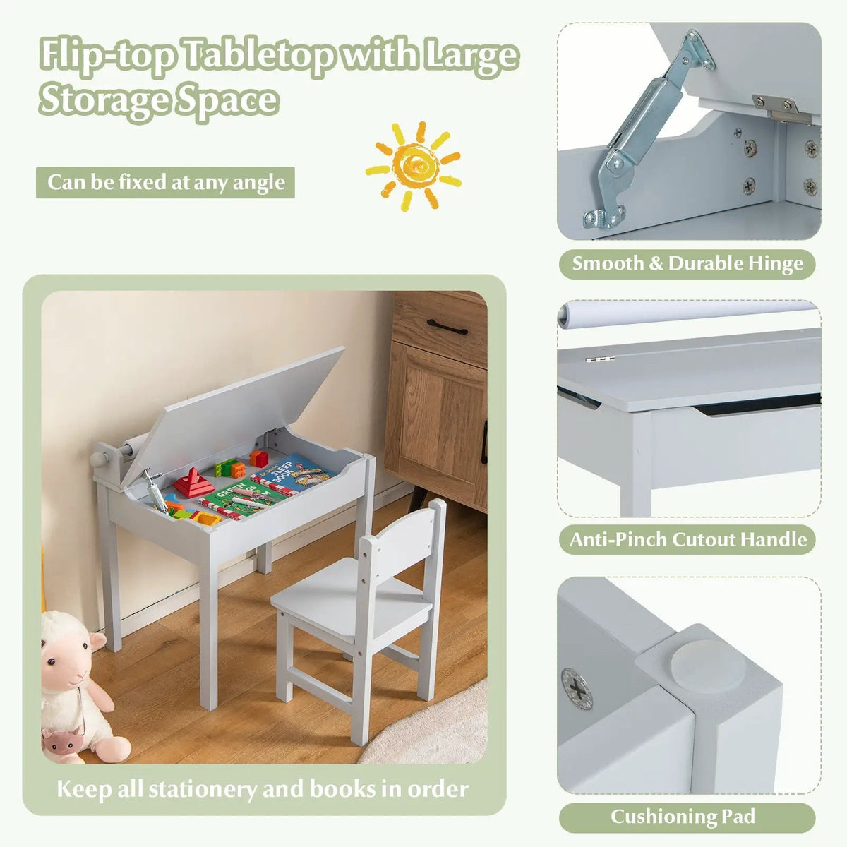 Wooden Kids Table and Chair Set with Storage and Paper Roll Holder by DirectDeals