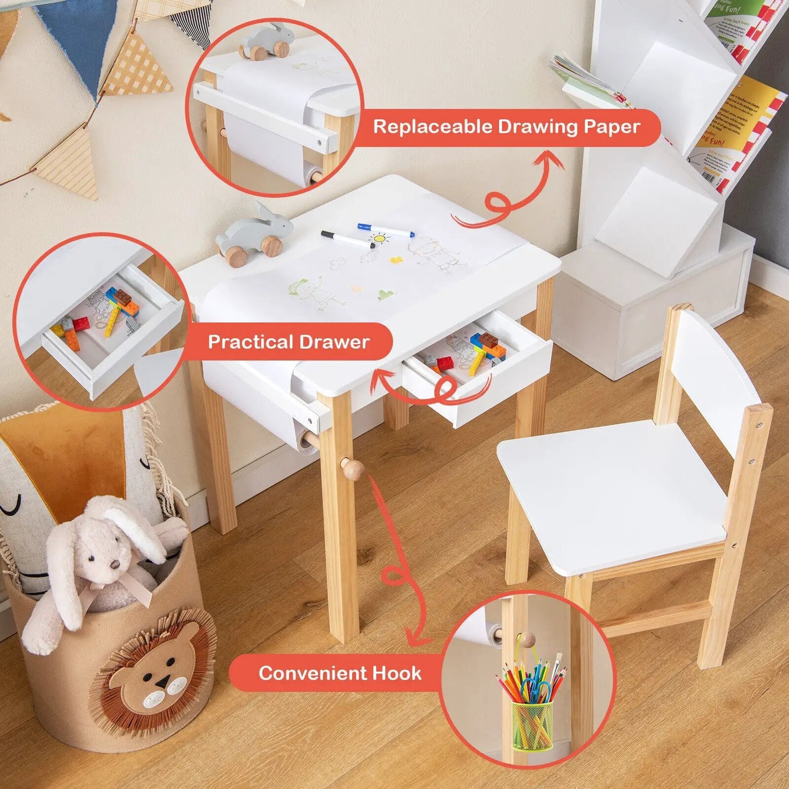 Kids Art Table and Chair Set with Drawer Paper Roll and 2 Markers-White by DirectDeals