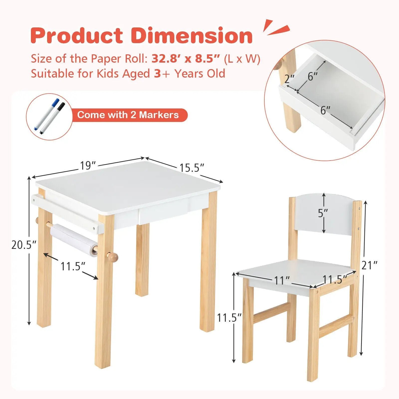 Kids Art Table and Chair Set with Drawer Paper Roll and 2 Markers-White by DirectDeals