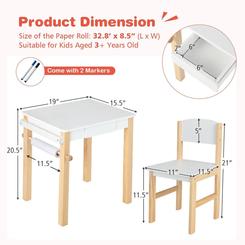 Kids Art Table and Chair Set with Drawer Paper Roll and 2 Markers-White by DirectDeals
